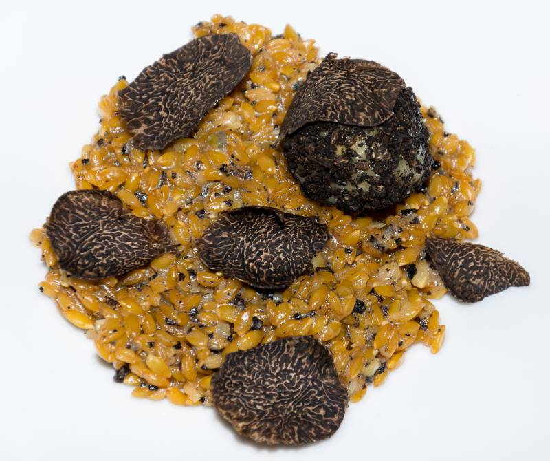 Recette provençale : Le risotto de petit épeautre de Sault à la truffe noire, Banon à l’huile du Capeou