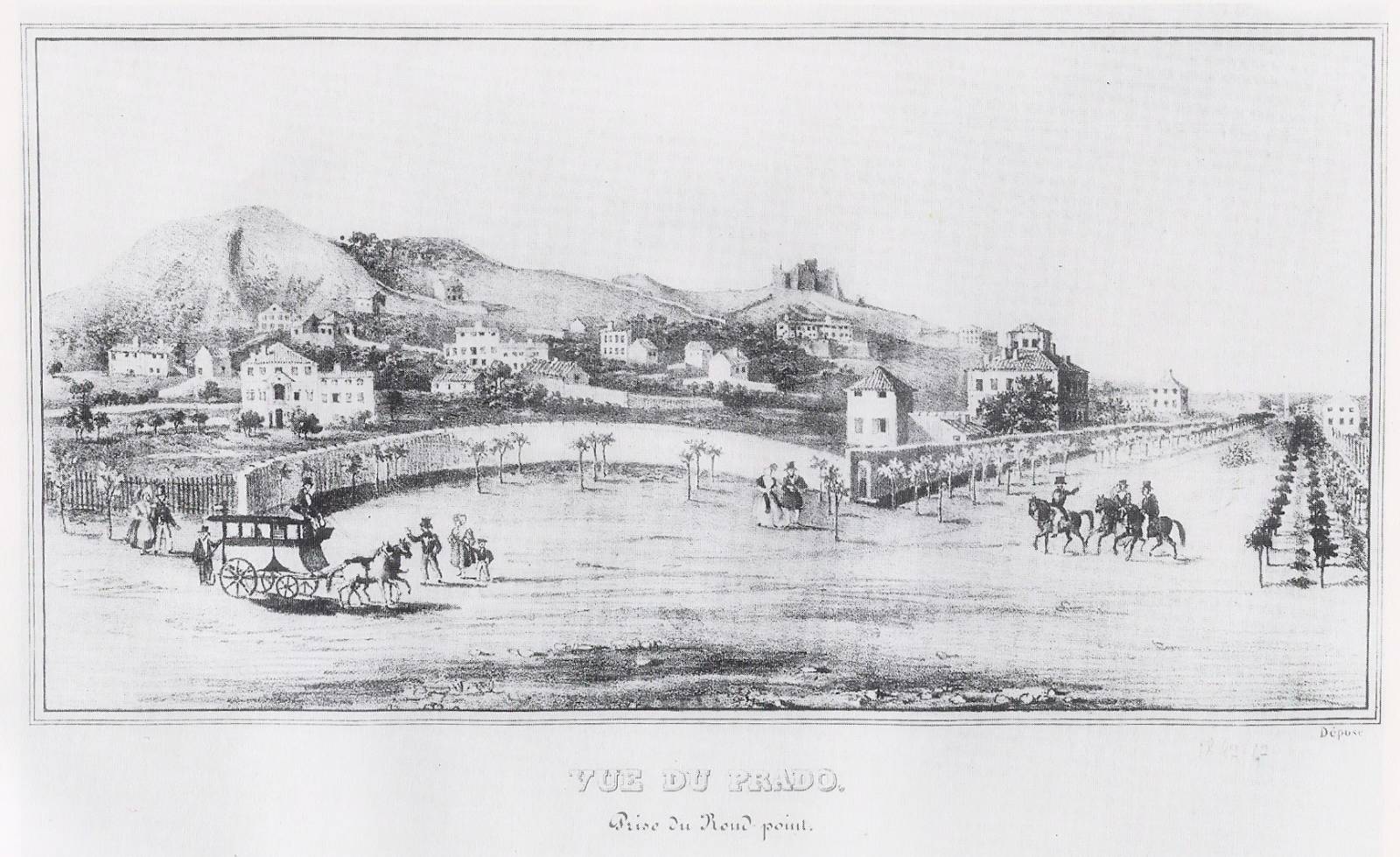 Vue du Prado prise du Rond-point, litographie de 1842, montrant de nombresuses bastides à base carrée